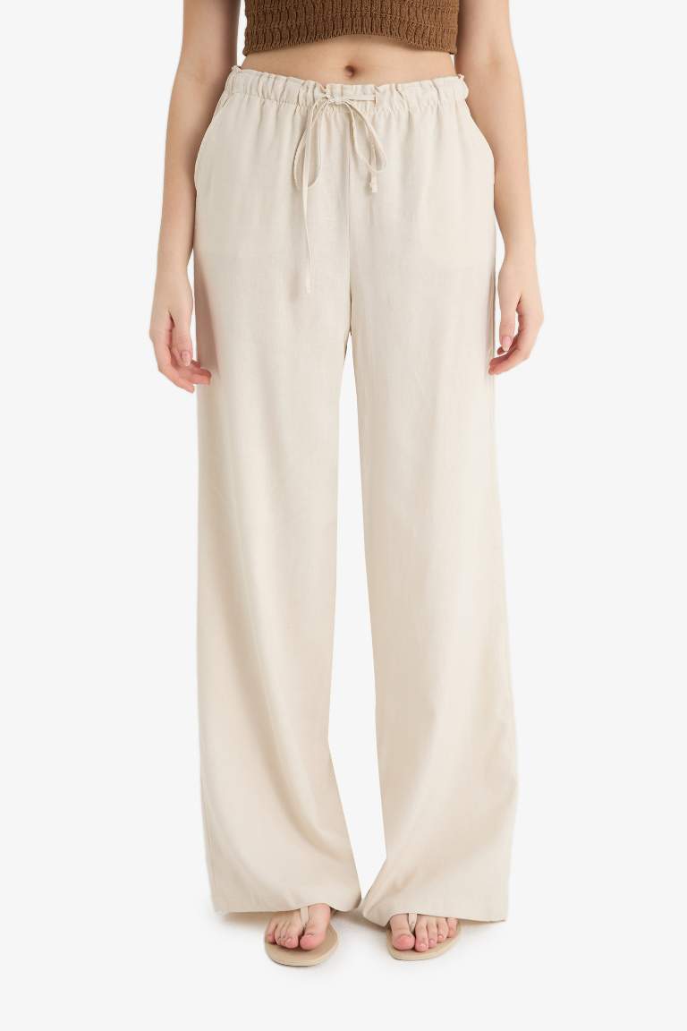 Wide Leg Çift Cepli Beli Lastikli Standart Boy Keten Karışımlı Pantolon