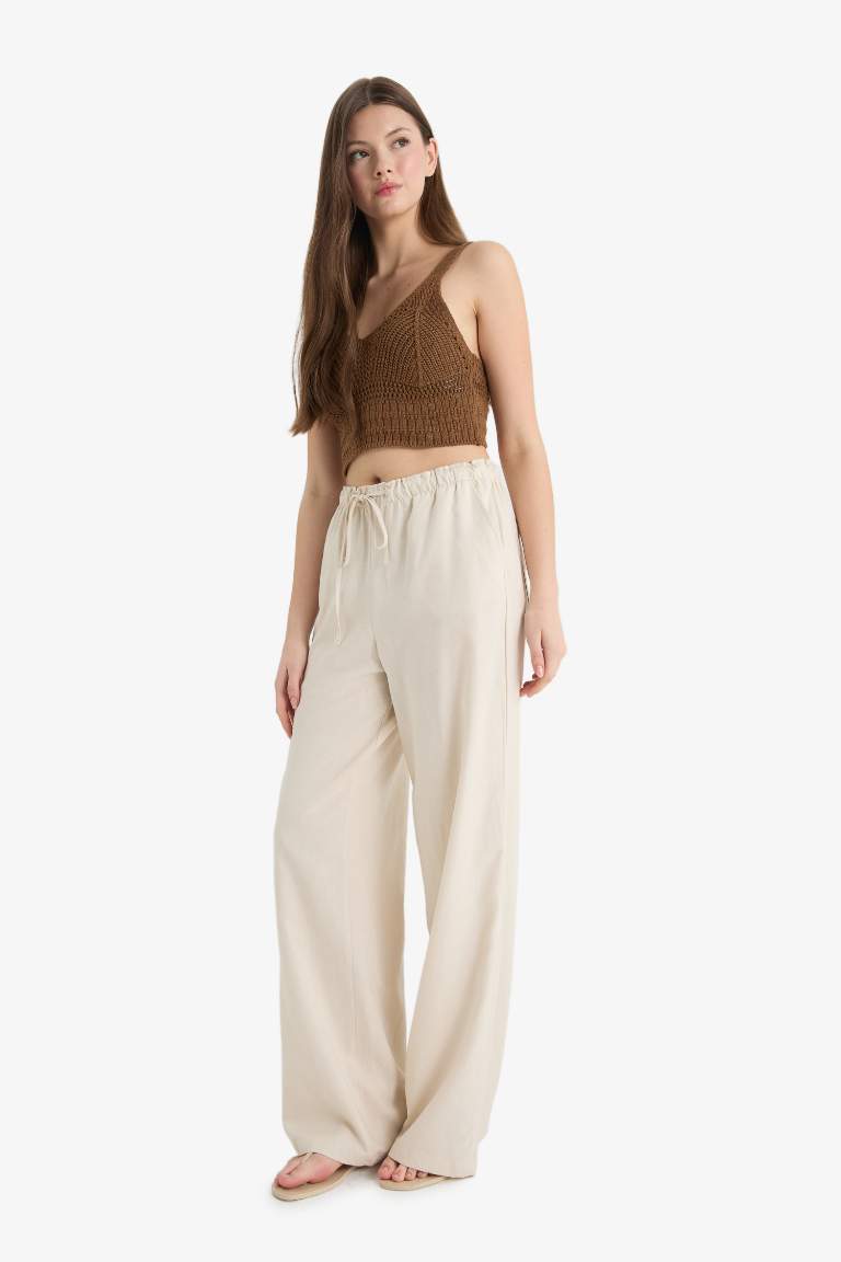 Wide Leg Çift Cepli Beli Lastikli Standart Boy Keten Karışımlı Pantolon