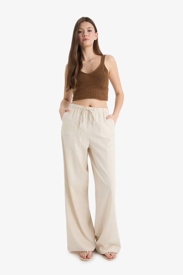 Wide Leg Çift Cepli Beli Lastikli Standart Boy Keten Karışımlı Pantolon