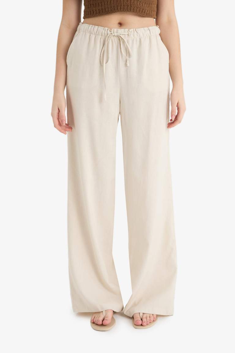Wide Leg Çift Cepli Beli Lastikli Standart Boy Keten Karışımlı Pantolon