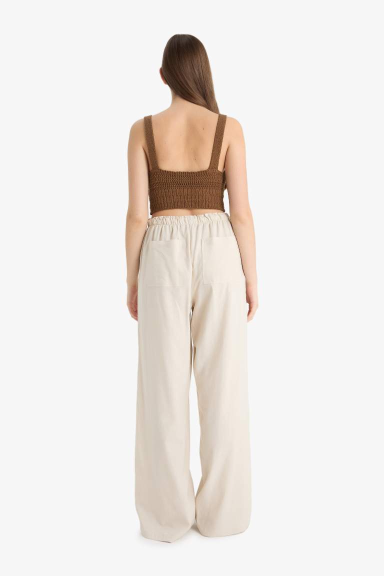 Wide Leg Çift Cepli Beli Lastikli Standart Boy Keten Karışımlı Pantolon