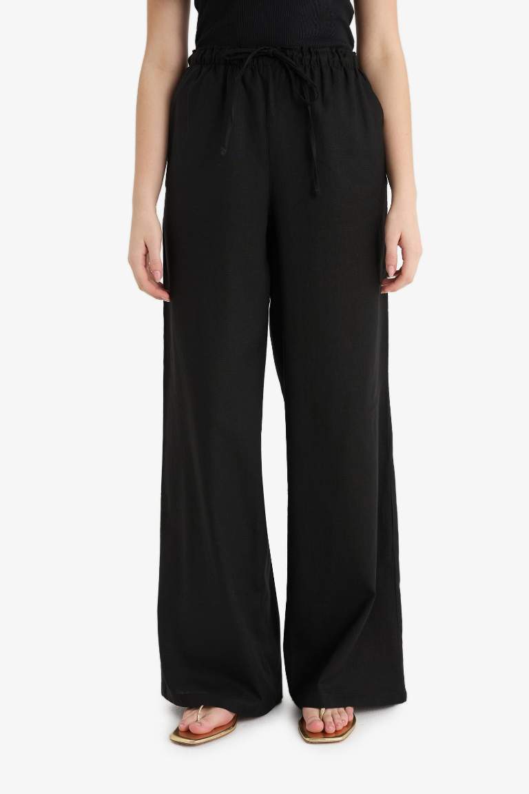 Wide Leg Çift Cepli Beli Lastikli Standart Boy Keten Karışımlı Siyah Pantolon