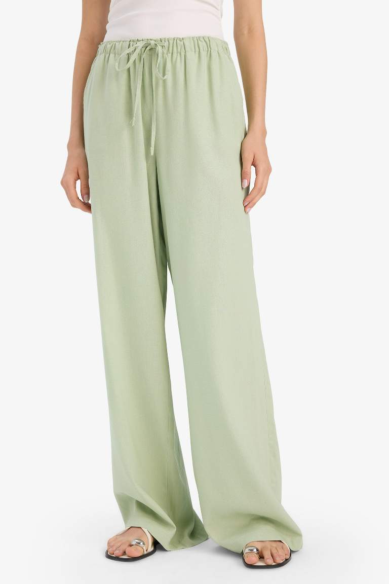 Wide Leg Çift Cepli Beli Lastikli Standart Boy Keten Karışımlı Pantolon