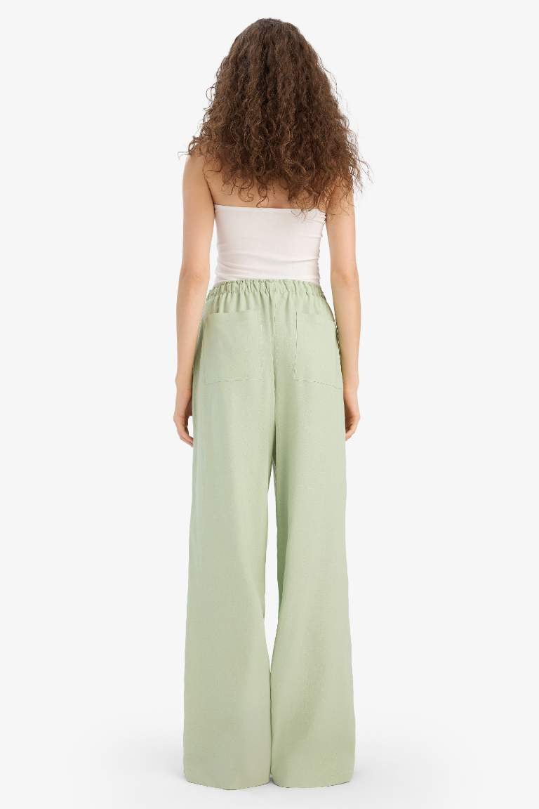 Wide Leg Çift Cepli Beli Lastikli Standart Boy Keten Karışımlı Pantolon