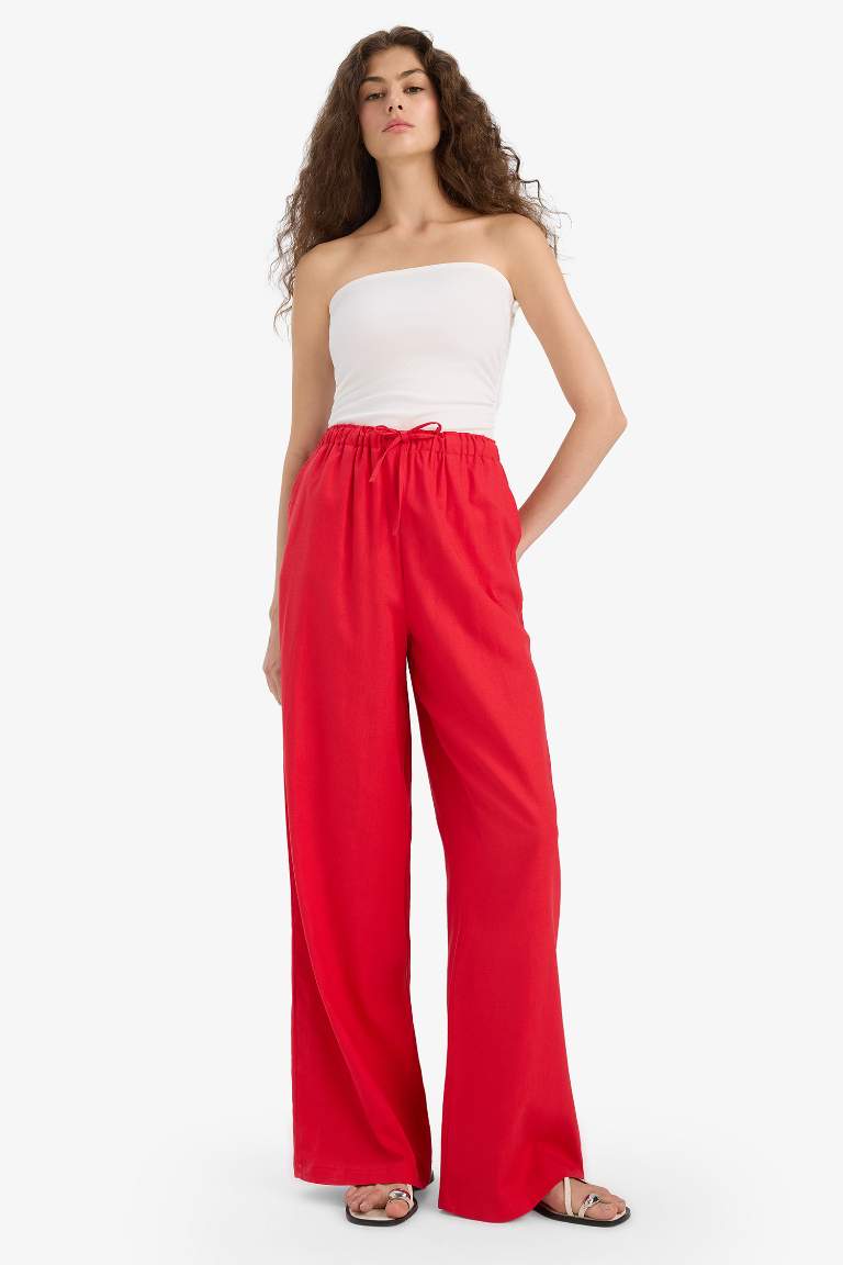 Wide Leg Çift Cepli Beli Lastikli Standart Boy Keten Karışımlı Pantolon