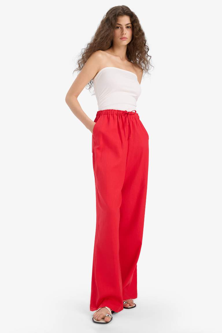 Wide Leg Çift Cepli Beli Lastikli Standart Boy Keten Karışımlı Pantolon