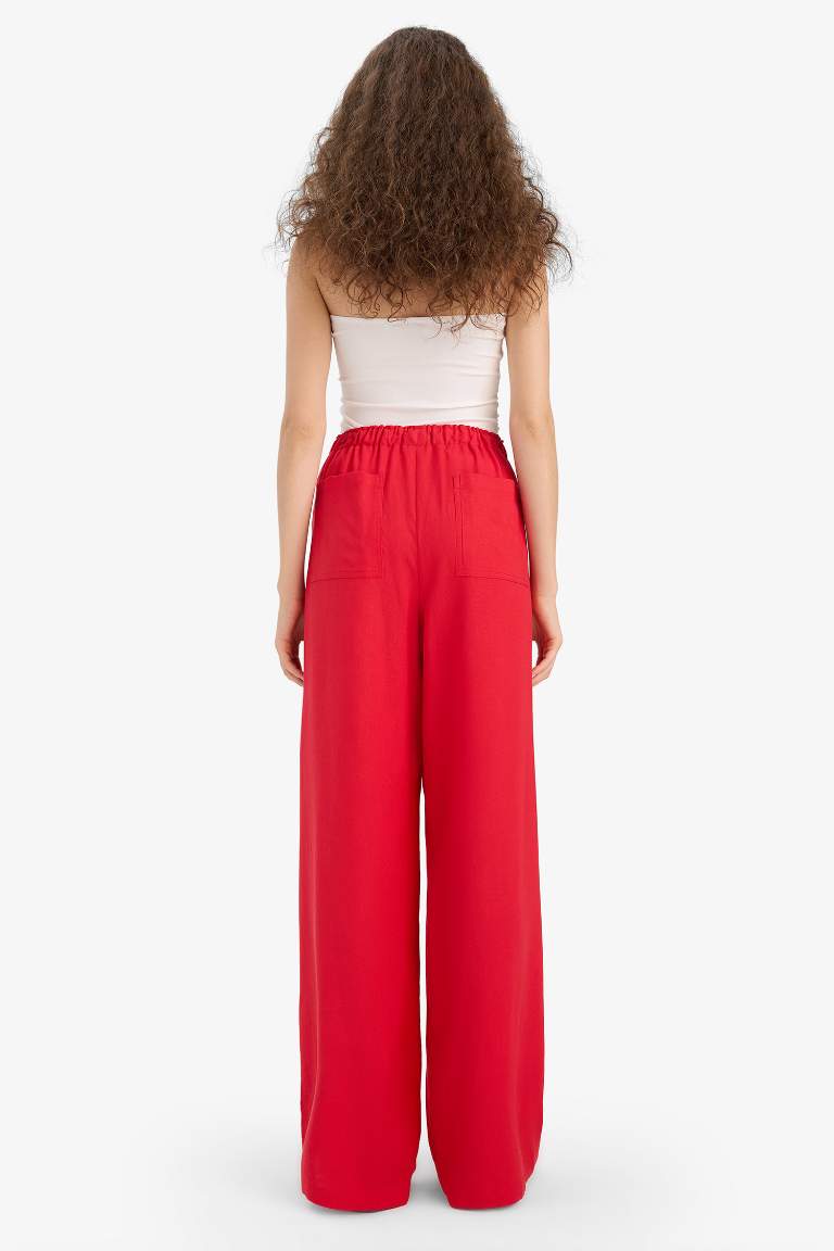 Wide Leg Çift Cepli Beli Lastikli Standart Boy Keten Karışımlı Pantolon