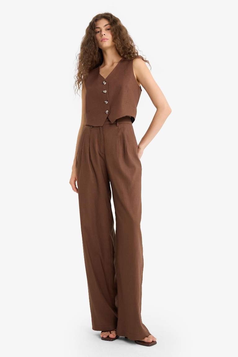 Wide Leg Çift Cepli Yüksek Bel Standart Boy Keten Karışımlı Pantolon