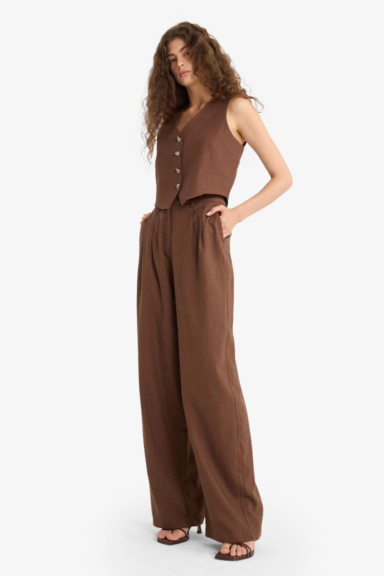 Wide Leg Çift Cepli Yüksek Bel Standart Boy Keten Karışımlı Pantolon