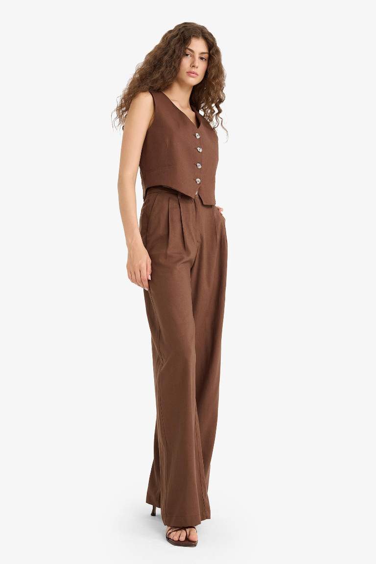 Wide Leg Çift Cepli Yüksek Bel Standart Boy Keten Karışımlı Pantolon