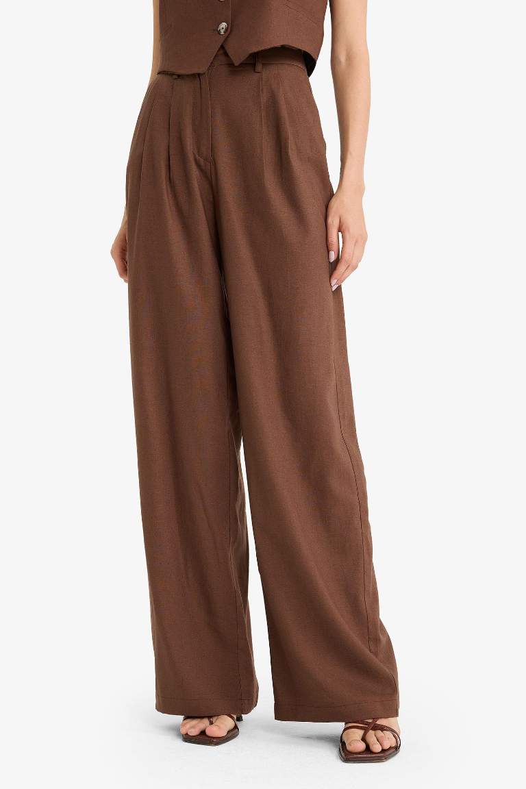 Wide Leg Çift Cepli Yüksek Bel Standart Boy Keten Karışımlı Pantolon