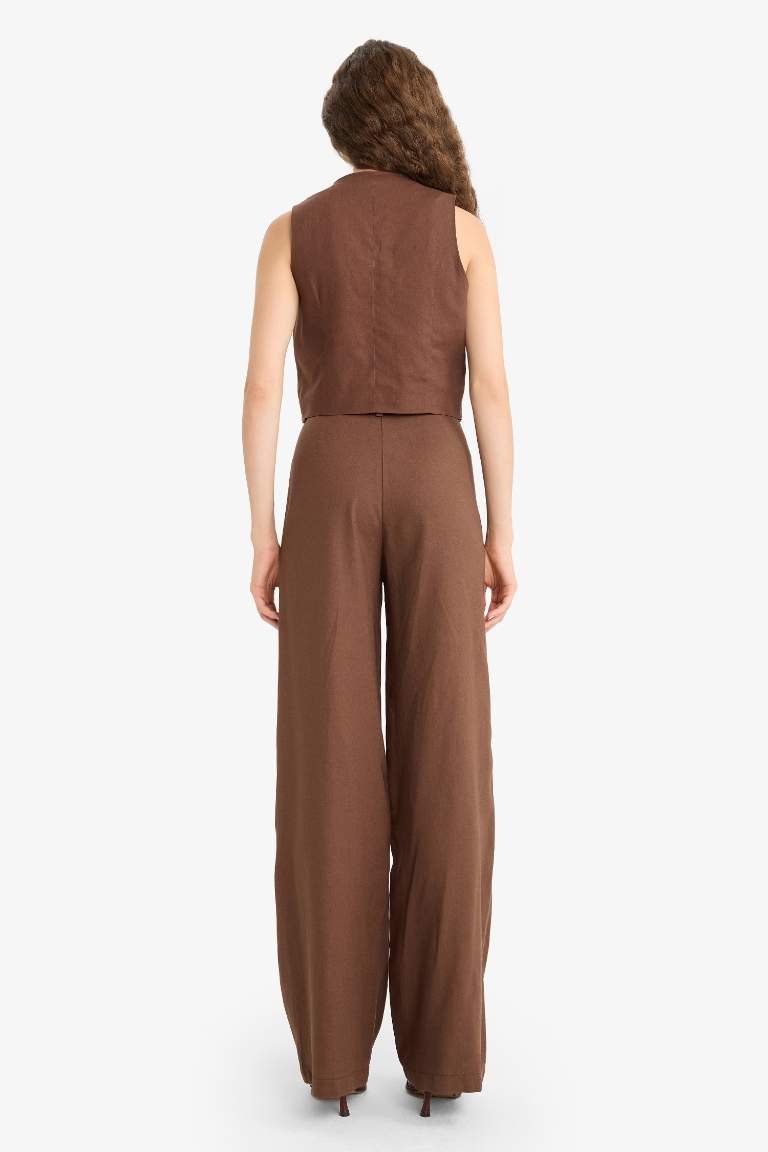Wide Leg Çift Cepli Yüksek Bel Standart Boy Keten Karışımlı Pantolon