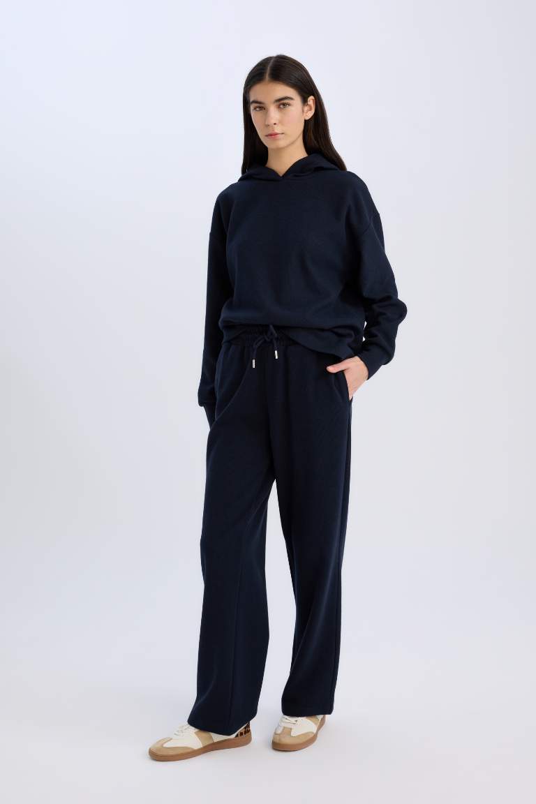 Wide Leg Kışlık Pantolon Geniş Bol Paça Beli Lastikli Bağcıklı Basic Düz Cepli