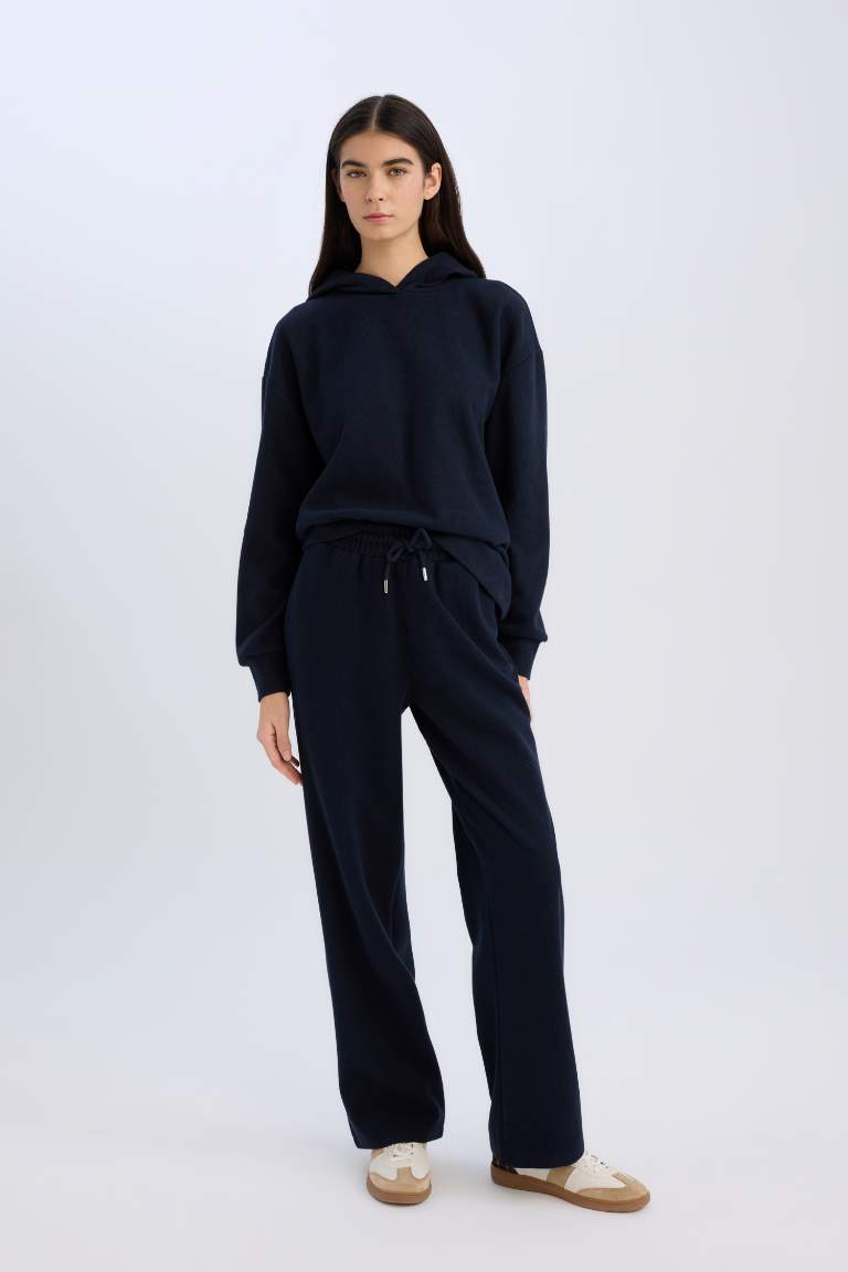 Wide Leg Kışlık Pantolon Geniş Bol Paça Beli Lastikli Bağcıklı Basic Düz Cepli