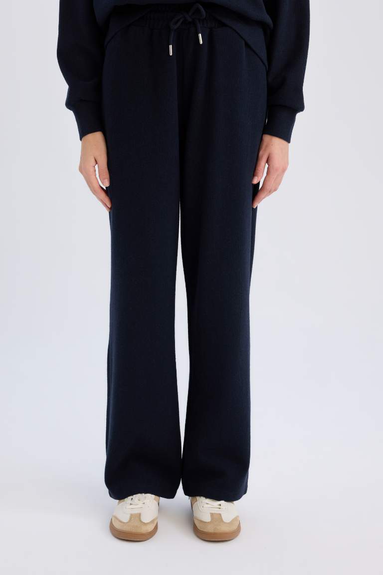 Wide Leg Kışlık Pantolon Geniş Bol Paça Beli Lastikli Bağcıklı Basic Düz Cepli