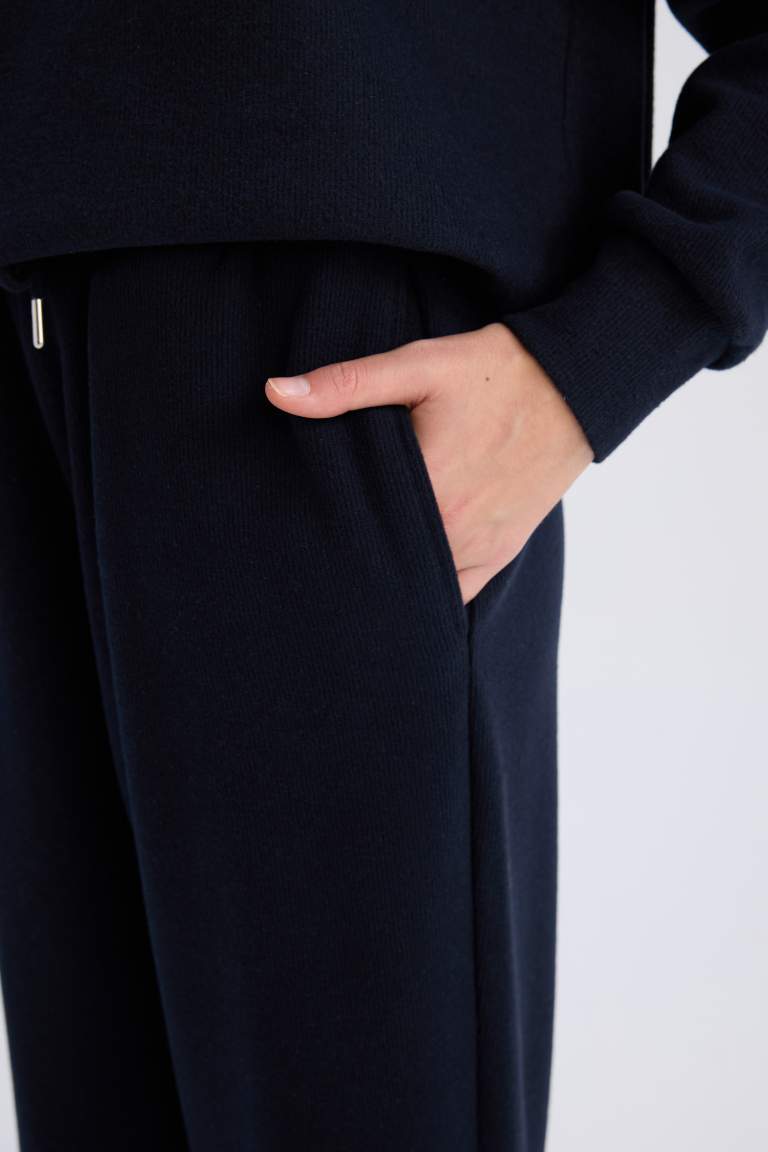 Wide Leg Kışlık Pantolon Geniş Bol Paça Beli Lastikli Bağcıklı Basic Düz Cepli