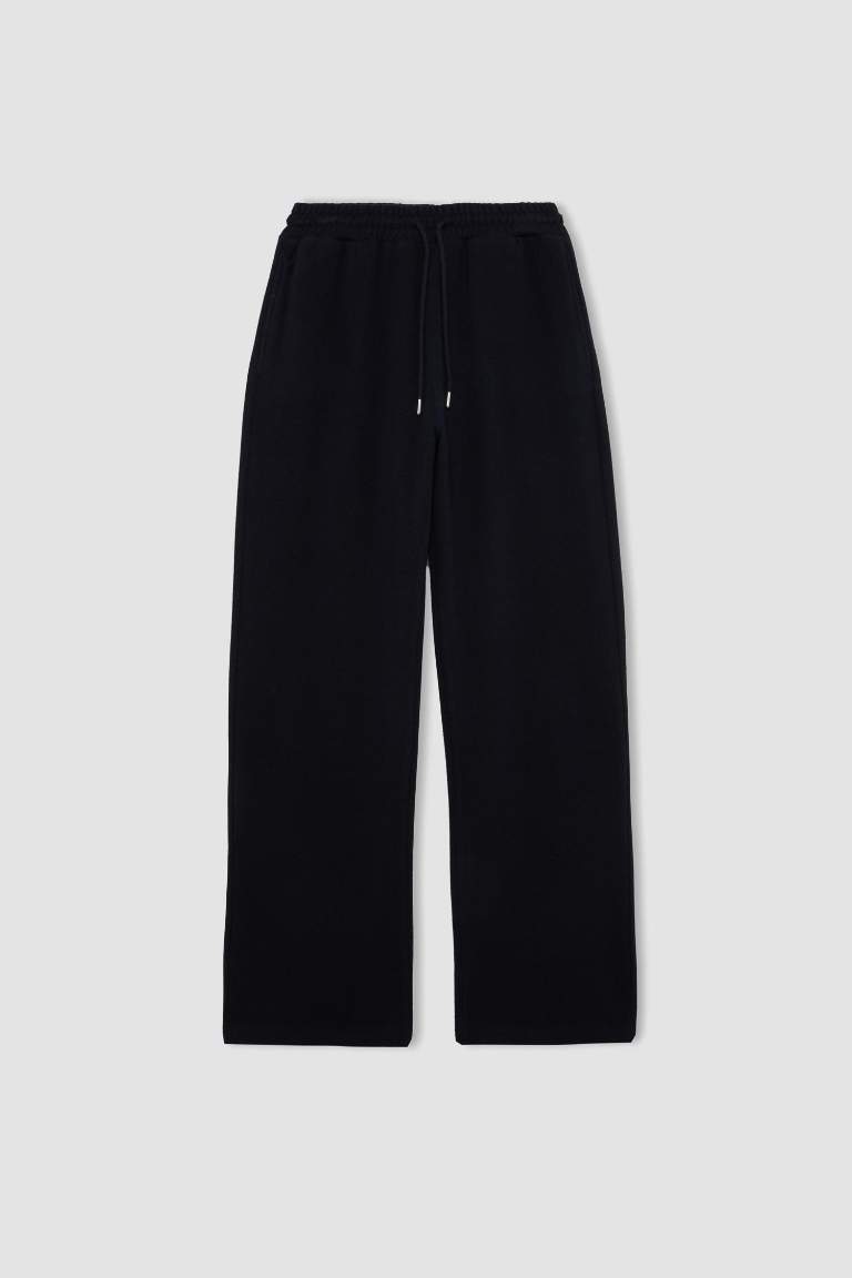 Wide Leg Kışlık Pantolon Geniş Bol Paça Beli Lastikli Bağcıklı Basic Düz Cepli