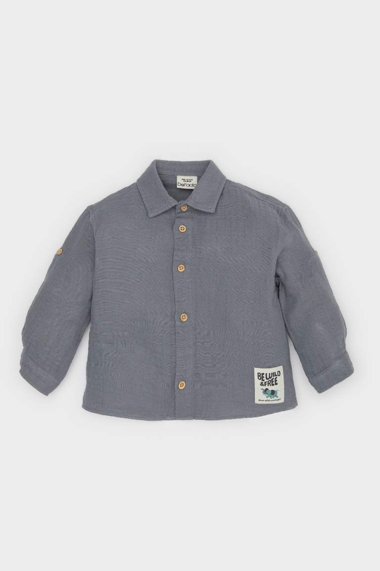 Baby Boy Woven Labeled Muslin Long Sleeve Shirt