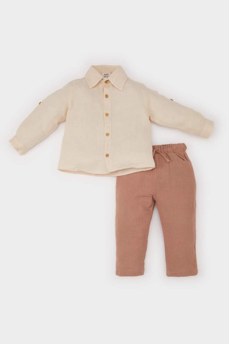 Baby Boy Muslin Shirt Elastic Waist Bottom 2 Piece Set