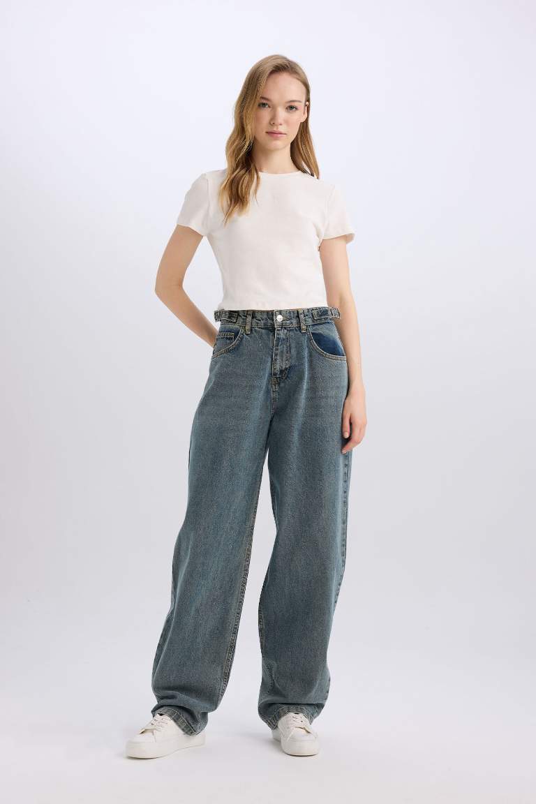 Pantalon Jean Baggy taille haute délavé