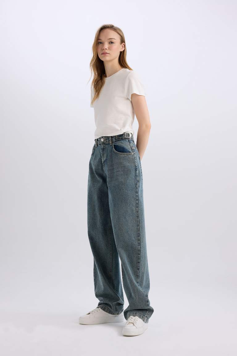 Pantalon Jean Baggy taille haute délavé