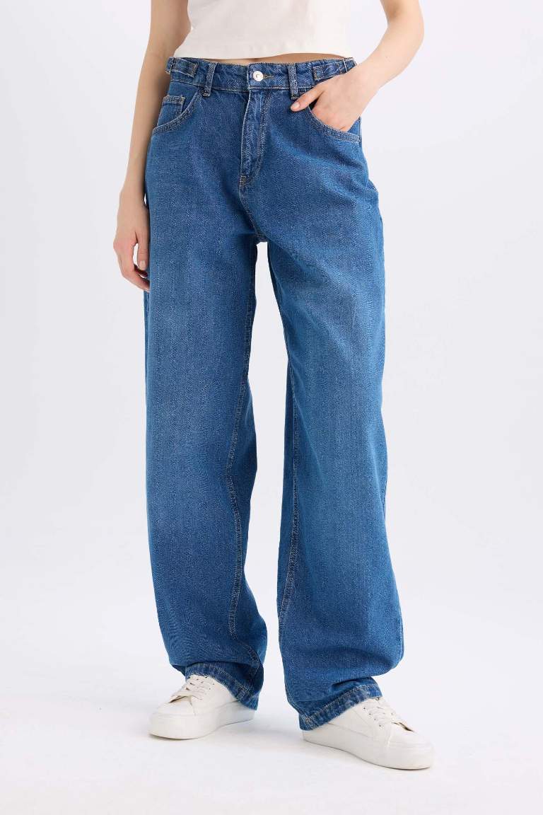 Baggy Fit Yüksek Bel Uzun Jean Yıkamalı Pantolon
