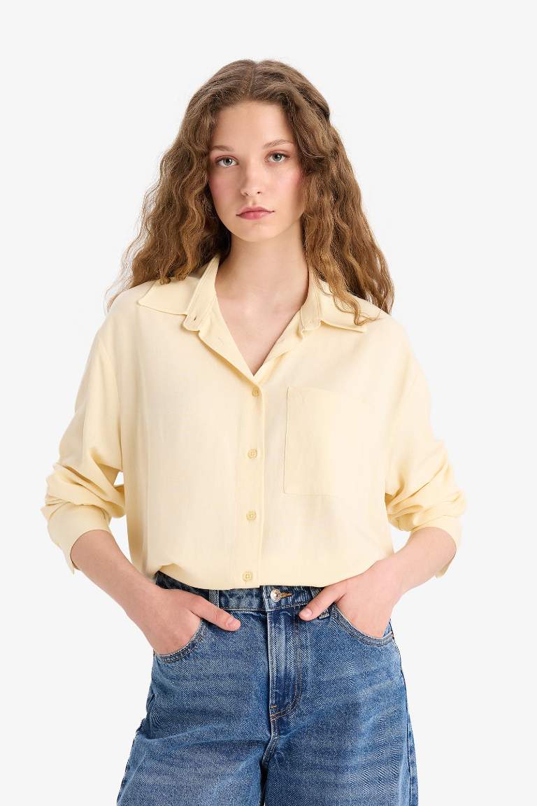 Oversize Geniş Kalıp Keten Karışımlı Uzun Kollu Gömlek