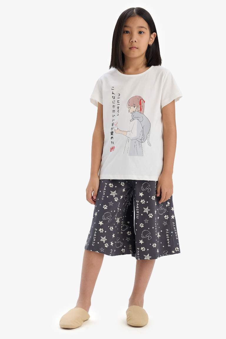 Girl Printed Short Sleeve Top Bottom 2 Piece Pajama Set