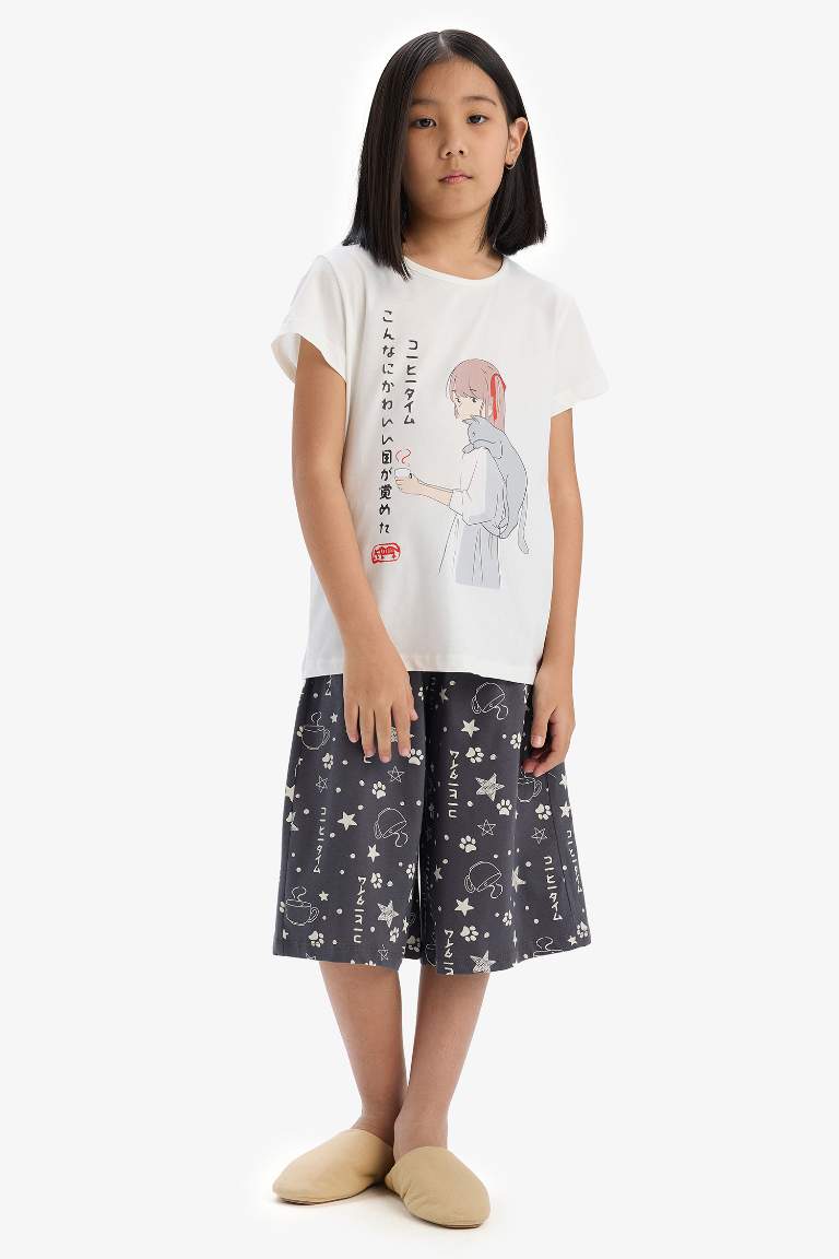 Girl Printed Short Sleeve Top Bottom 2 Piece Pajama Set