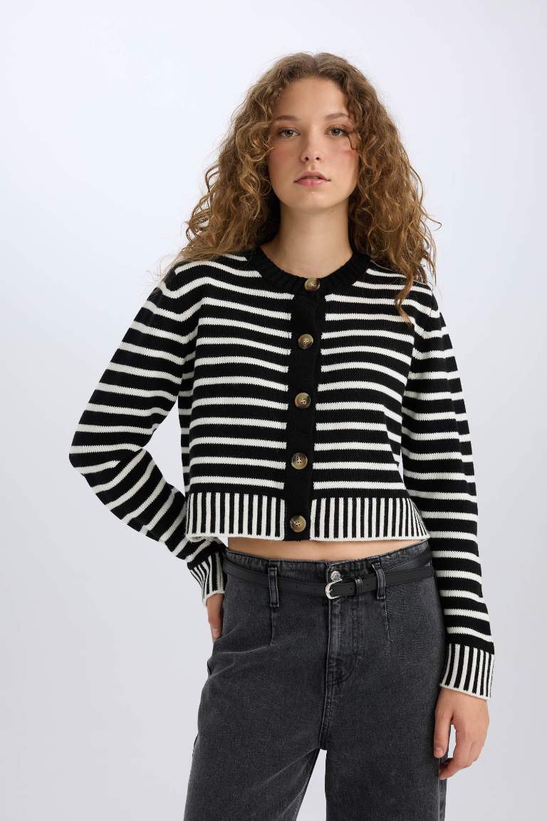 Regular Fit Striped Crew Neck Striped Knit Cardigan