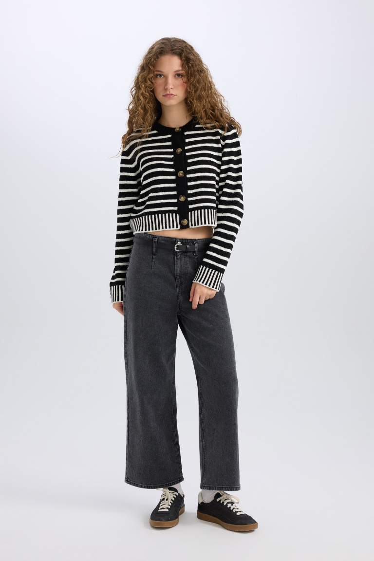 Regular Fit Striped Crew Neck Striped Knit Cardigan