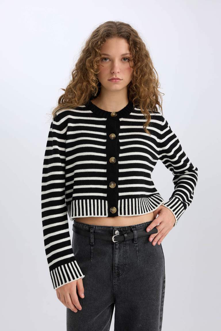 Regular Fit Striped Crew Neck Striped Knit Cardigan