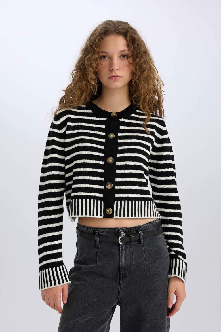 Regular Fit Striped Crew Neck Striped Knit Cardigan