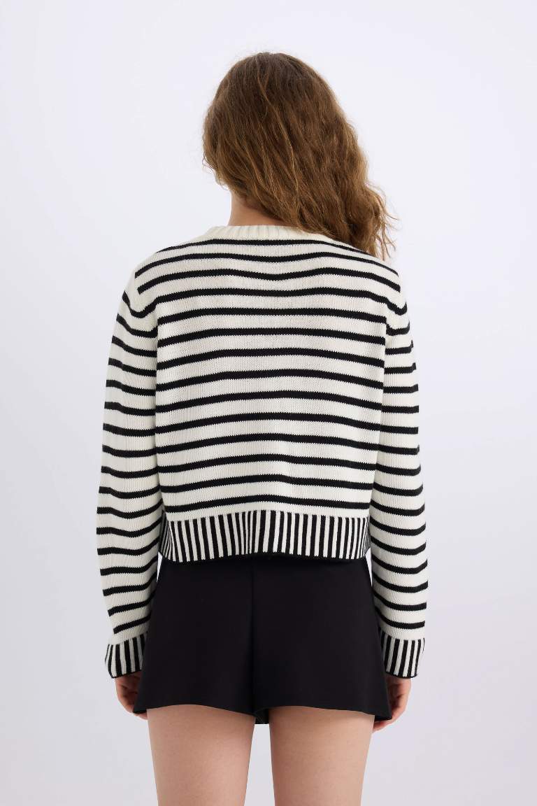 Regular Fit Striped Crew Neck Striped Knit Cardigan