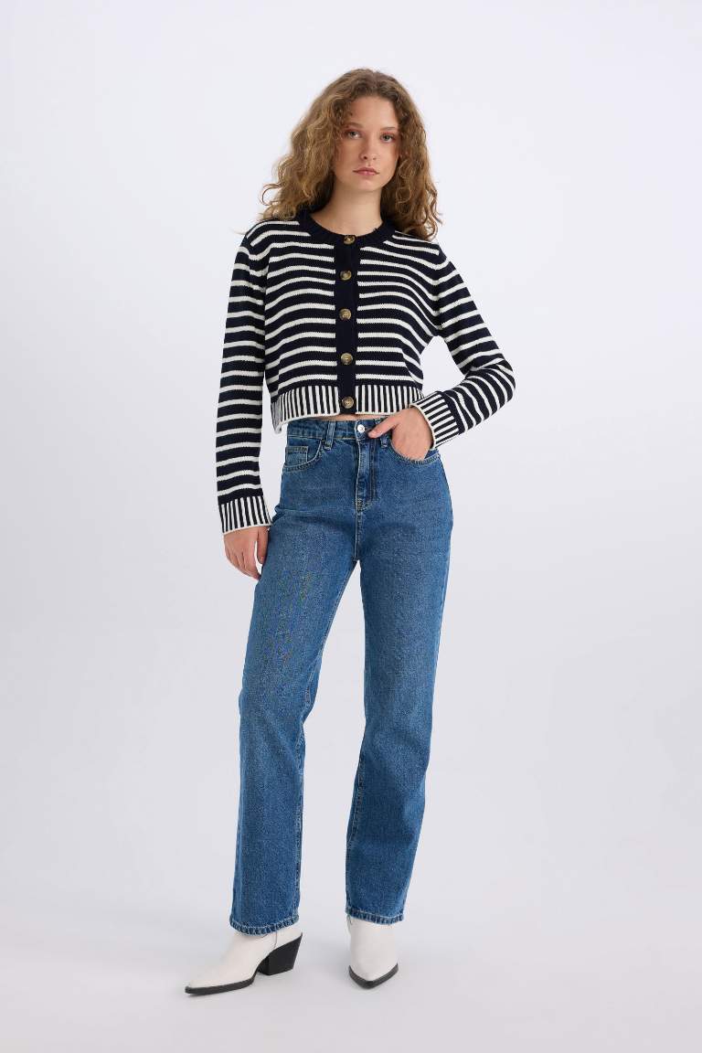 Regular Fit Striped Crew Neck Striped Knit Cardigan