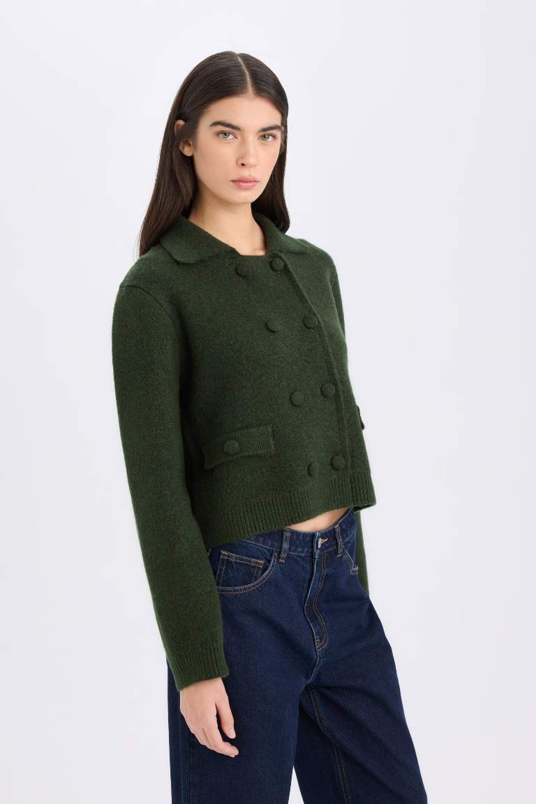 Regular Fit Polo Neck Basic Buttoned Knitted Cardigan