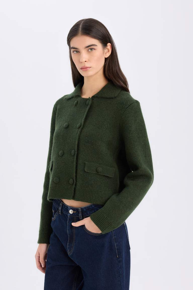 Pull Cardigan basique en tricot à col polo et boutons Coupe régulière