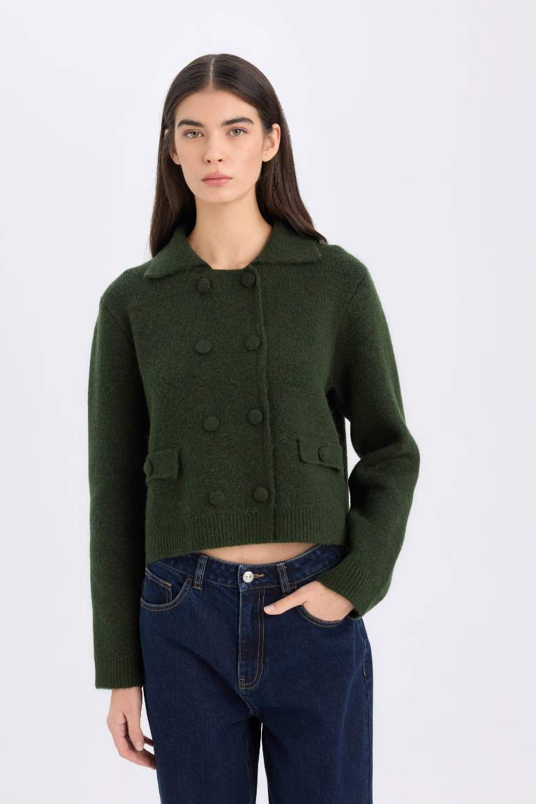 Regular Fit Polo Neck Basic Buttoned Knitted Cardigan