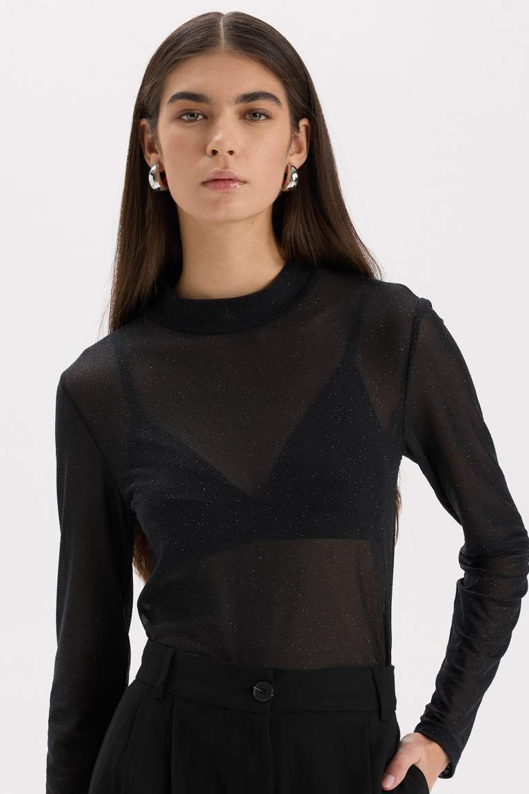 Slim Fit Half Turtleneck Tulle Long Sleeve T-Shirt