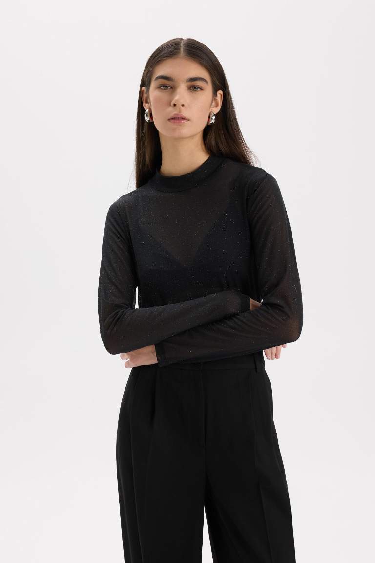 Slim Fit Half Turtleneck Tulle Long Sleeve T-Shirt