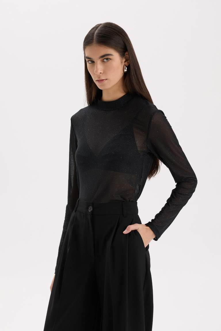 Slim Fit Half Turtleneck Tulle Long Sleeve T-Shirt