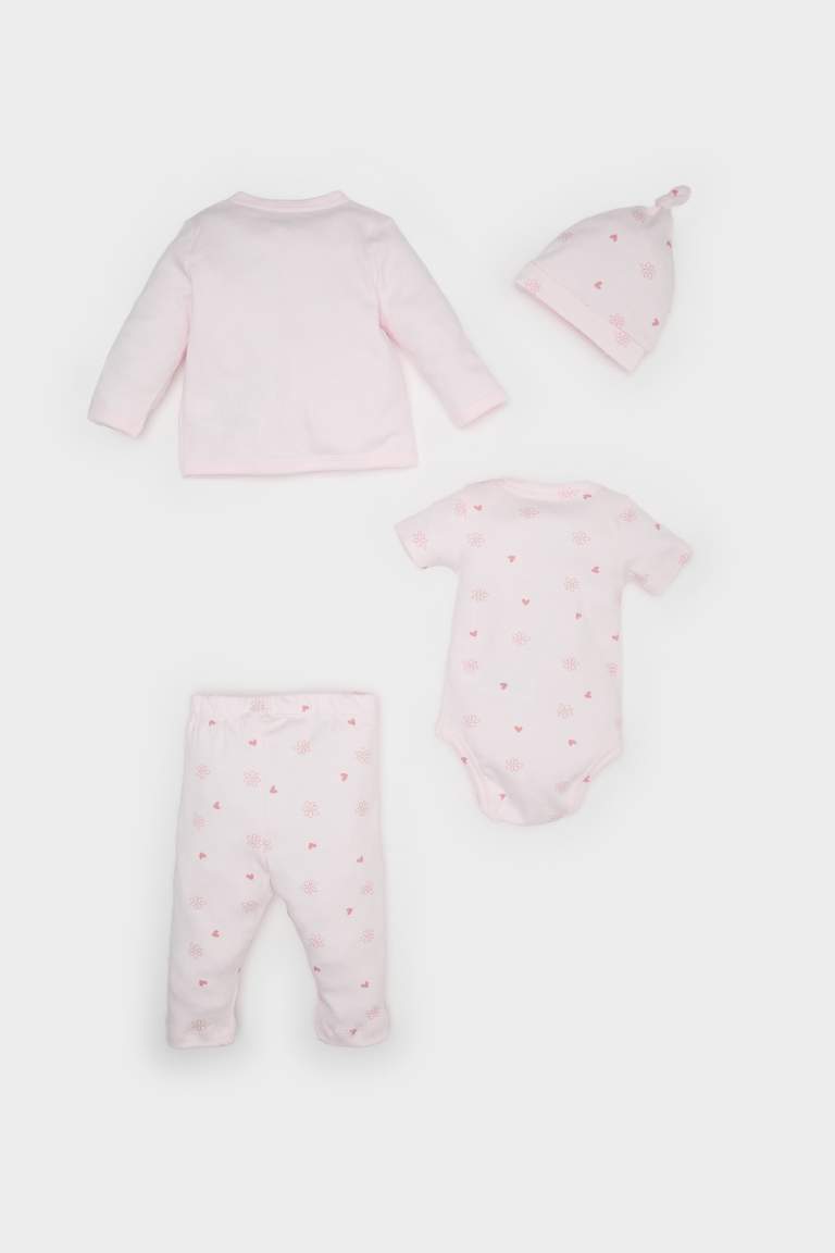 Baby Girl Patterned T-Shirt Body Bottom Beanie 4 Piece Set