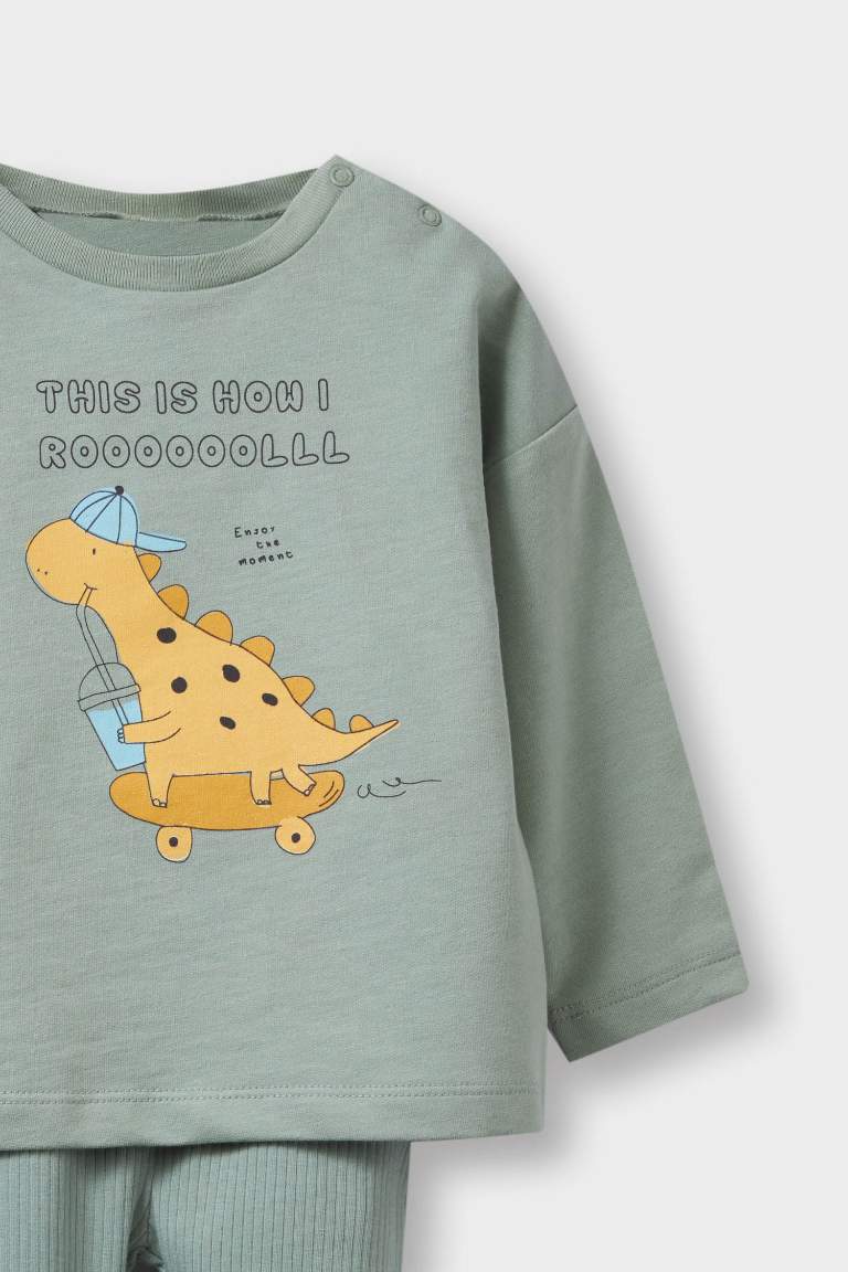 Erkek Bebek 2'li Takım Dinozor Baskılı Uzun Kollu Tişört Beli Lastikli Alt