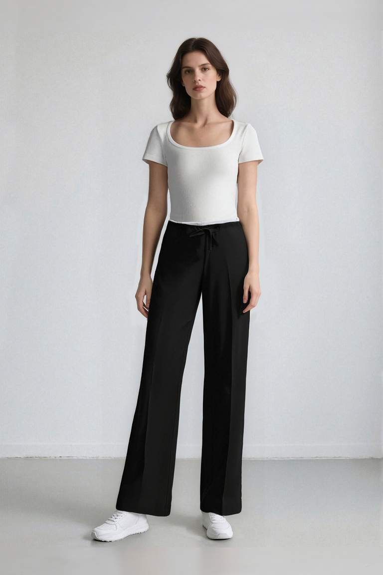 Wide Leg Kumaş Pantolon Normal Bel Geniş Cepli Pensli Bol Paça