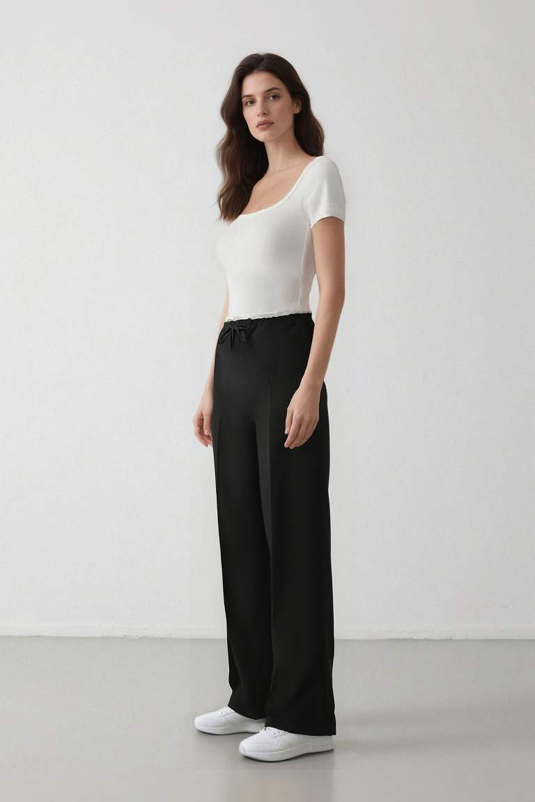 Wide Leg Kumaş Pantolon Normal Bel Geniş Cepli Pensli Bol Paça