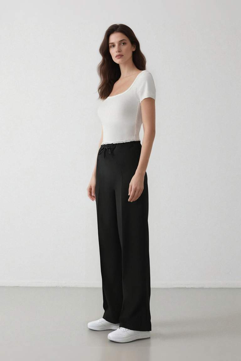 Wide Leg Kumaş Pantolon Normal Bel Geniş Cepli Pensli Bol Paça