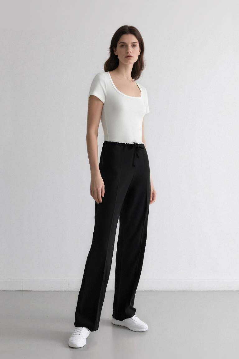 Wide Leg Kumaş Pantolon Normal Bel Geniş Cepli Pensli Bol Paça