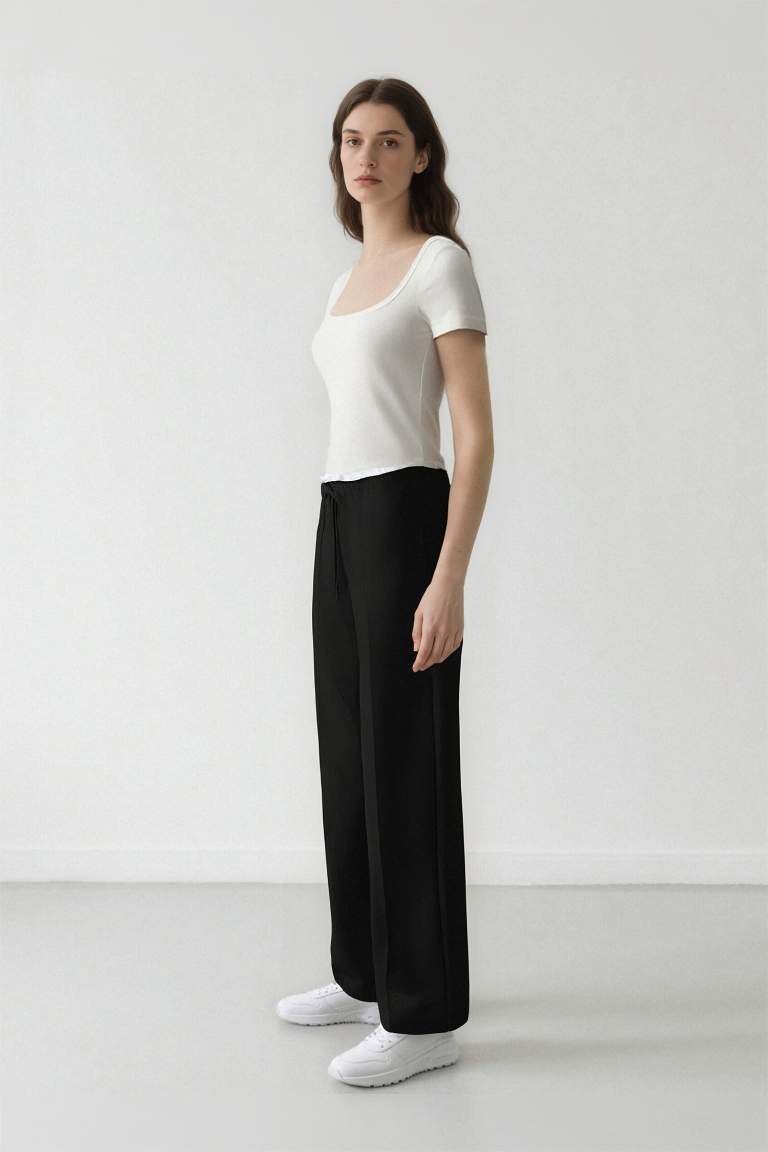 Wide Leg Kumaş Pantolon Normal Bel Geniş Cepli Pensli Bol Paça