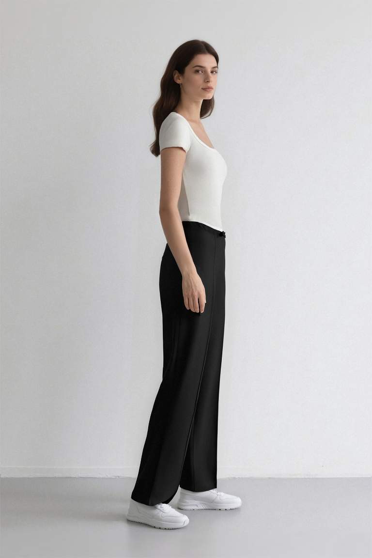 Wide Leg Kumaş Pantolon Normal Bel Geniş Cepli Pensli Bol Paça
