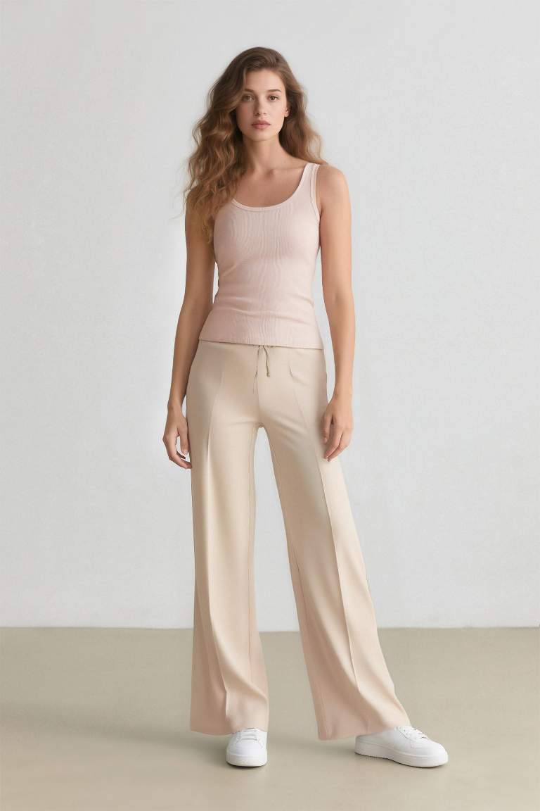Wide Leg Pensli Kumaş Pantolon Normal Bel Geniş Cepli Bol Paça